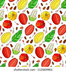 Cocoa fruit vector seamless pattern, Hand drawn tropical cacao fruit, leaf, seed and flower isolated on the white background, doodle illustration