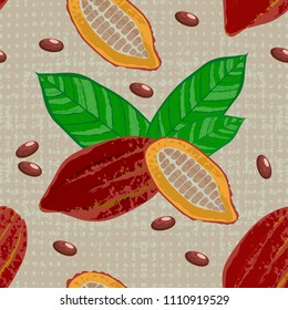 Cocoa fruits and leaves. Whole fruit, cut, cocoa beans. Vector illustration. Chocolate. Grunge texture. Textile background Seamless Pattern