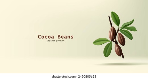 Cocoa fruits on a branch, 3D. realistic image. Banner for advertising products with added cocoa. Delicious pastries and drinks. Vector