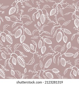 Cocoa fruits on the branches. Stylized seamless pattern.