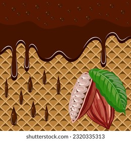 Cocoa fruits on a waffle background.Vector illustration with chocolate smudges and cocoa fruits on a waffle background.
