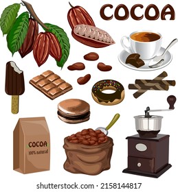 Cocoa fruits and products in the illustration.Color vector illustration with cocoa fruits and food with it.