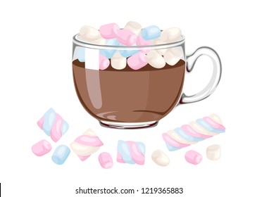 Cocoa in a glass cup with marshmallows isolated on white background. Vector illustration of hot drink and sweets in simple cartoon flat style.