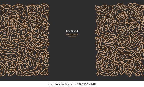 Cocoa golden border. Art line pattern. Vector abstract fruit, texture leaves, flora. Graphic motif, luxury illustration. Organic dark chocolate