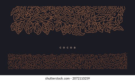 Cocoa golden border on black background. Art line ornament. Organic dark chocolate. Vector abstract fruit, texture leaf, branch. Graphic pattern, luxury illustration