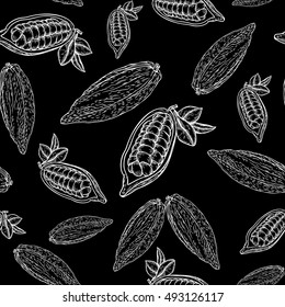 Cocoa hand drawn seamless pattern on black background. Cocoa botany vector illustration. Doodle of healthy cocoa nutrient food. Cocoa engraving sketch etch line.  Food cocoa dessert drink ingredient