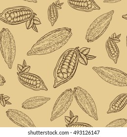 Cocoa hand drawn seamless pattern on beige background. Cocoa botany vector illustration. Doodle of healthy cocoa nutrient food. Cocoa engraving sketch etch line.  Food cocoa dessert drink ingredient