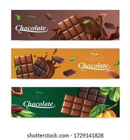 Cocoa horizontal banners set with natural chocolate bars and cocoa beans isolated vector illustration