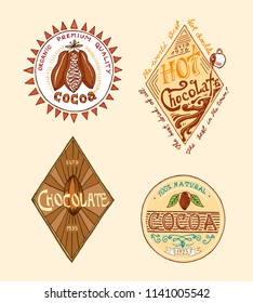 Cocoa and hot chocolate logos. modern vintage badges for the shop menu. Vector illustration. calligraphy style for frames, labels. engraved hand drawn in old sketch.