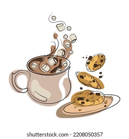 Cocoa or hot chocolate with marshmallows and Chocolate chip cookies falling into dish hand drawn modern vector illustration of dessert.Chocolate chip cookies and hot drink,sweet treat for cold season