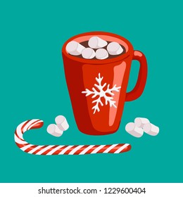 Cocoa or hot chocolate with marshmallows in red mug with snowflake and candy stick icons on the green background