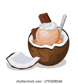 Cocoa Ice Cream in Coconut.There are whipping cream and chocolate bars on top.Vector illustration isolated on white background.