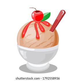 Cocoa ice cream in a white cup Topped with cherry jam and a red spoon.