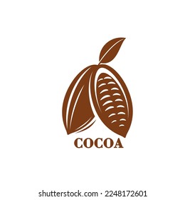 Cocoa icon. Cacao bean graphic symbol or emblem. Cocoa farm, chocolate food product or cacao sweet dessert drink vector sign or label with brown cacao fruit seed and leaf