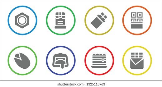 cocoa icon set. 8 filled cocoa icons.  Collection Of - Nut, Pistachio, Chocolate, Tiramisu, Chocolate bar