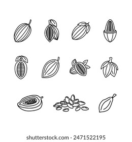 Cocoa icon vector collection. Cacao and chocolate vector Icons set. cocoa pod, cocoa Beans.