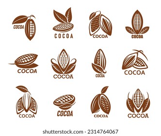 Cocoa icons, cacao or chocolate beans with leaf, vector coffee tree symbols. Cocoa seeds icons for food labels of candy, choco cream or butter and chocolate drink or dessert products