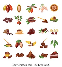 Cocoa icons set cartoon vector. Chocolate leaf. Cacao seed
