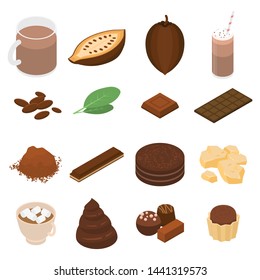 Cocoa icons set. Isometric set of cocoa vector icons for web design isolated on white background