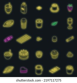 Iconos de cacao. Conjunto isométrico de iconos vectoriales de cacao color de neón sobre negro