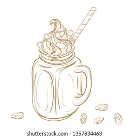 cocoa in a jar, a cup of whipped cream and marshmallows, a straw tube. retro style vector illustration