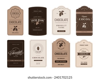 Cocoa label. Classic chocolate emblems with cocoa beans, artisanal product branding design template vector set of classic emblem label, chocolate illustration