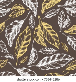 Cocoa leaves seamless pattern vector sketch hand drawn illustration. All elements isolated. 