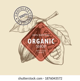 cocoa with leaves in sketch style with sign and text