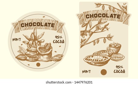 Cocoa leaves, tree and grains vector sketch illustration. Cacao hand drawn badge and banner in vintage style for sweets coffee shop.