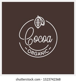 Cocoa lettering logo. Round linear logo of cocoa bean on chocolate background