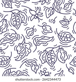Padrão sem emenda da linha de cacau. Folhas de textura vetorial, frutos abstratos. Chocolate natural. Manteiga de aroma vegano. Arte impressão natural mínima, fundo tropical para design de alimentos