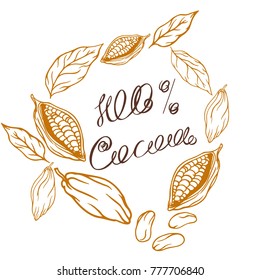 cocoa logo with lettering hand-drawn in retro styles, cocoa beans, cocoa leaves

