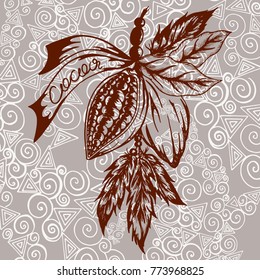 a cocoa logo in retro styles painted by hand. cocoa beans in bundles with feathers
