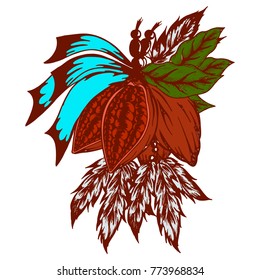 a cocoa logo in retro styles painted by hand. cocoa beans in bundles with feathers
