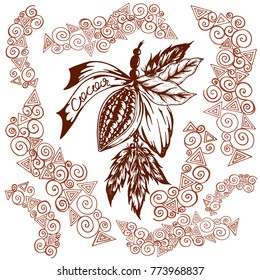 a cocoa logo in retro styles painted by hand. cocoa beans in bundles with feathers
