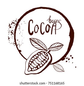 Cocoa Logo Template with Hand drawn lettering, cocoa beans sketch and brown stains. Artistic modern design and for a logo, greeting cards, invitations, posters, banners, t-shorts.