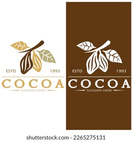 cocoa logo,cocoa bean,cocoa tree,cocoa branches and leaves,chocolate mix on white background,vintage,modern,simple,minimalist icon illustration template design vector