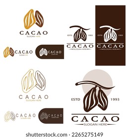 cocoa logo,cocoa bean,cocoa tree,cocoa branches and leaves,chocolate mix on white background,vintage,modern,simple,minimalist icon illustration template design vector