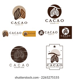 cocoa logo,cocoa bean,cocoa tree,cocoa branches and leaves,chocolate mix on white background,vintage,modern,simple,minimalist icon illustration template design vector