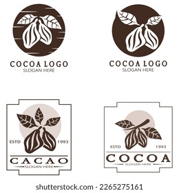cocoa logo,cocoa bean,cocoa tree,cocoa branches and leaves,chocolate mix on white background,vintage,modern,simple,minimalist icon illustration template design vector