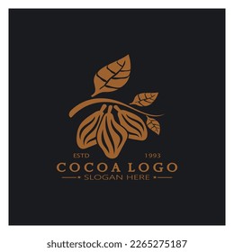 cocoa logo,cocoa bean,cocoa tree,cocoa branches and leaves,chocolate mix on white background,vintage,modern,simple,minimalist icon illustration template design vector