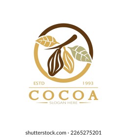 cocoa logo,cocoa bean,cocoa tree,cocoa branches and leaves,chocolate mix on white background,vintage,modern,simple,minimalist icon illustration template design vector
