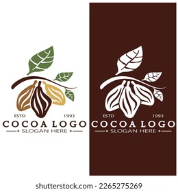 cocoa logo,cocoa bean,cocoa tree,cocoa branches and leaves,chocolate mix on white background,vintage,modern,simple,minimalist icon illustration template design vector