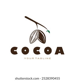 cocoa logo,cocoa bean,cocoa tree,cocoa branches and leaves,chocolate mix on white background,vintage,modern,simple,minimalist icon illustration template design vector
