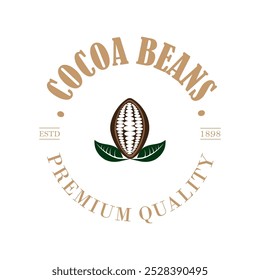 Logotipo de cacao, grano de cacao, árbol de cacao, ramas y hojas de cacao, mezcla de chocolate sobre fondo blanco, vintage, moderno, simple, minimalista icono ilustración Plantilla diseño Vector