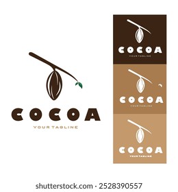 cocoa logo,cocoa bean,cocoa tree,cocoa branches and leaves,chocolate mix on white background,vintage,modern,simple,minimalist icon illustration template design vector