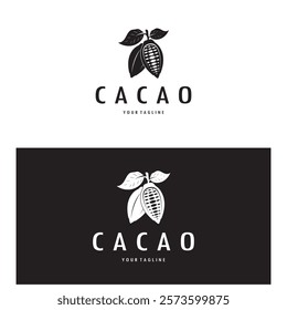 cocoa logo,cocoa bean,cocoa tree,cocoa branches and leaves,chocolate mix on white background,vintage,modern,simple,minimalist icon illustration template design vector