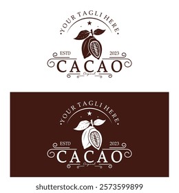 cocoa logo,cocoa bean,cocoa tree,cocoa branches and leaves,chocolate mix on white background,vintage,modern,simple,minimalist icon illustration template design vector