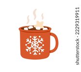 Cocoa with marshmallow in cup. Winter drink, hot chocolate in Christmas mug. Warm sweet Xmas cacao, choco beverage with yummy candies and steam. Flat vector illustration isolated on white background