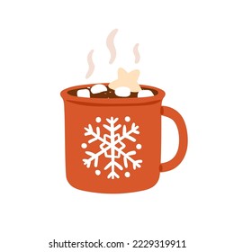 Cocoa with marshmallow in cup. Winter drink, hot chocolate in Christmas mug. Warm sweet Xmas cacao, choco beverage with yummy candies and steam. Flat vector illustration isolated on white background